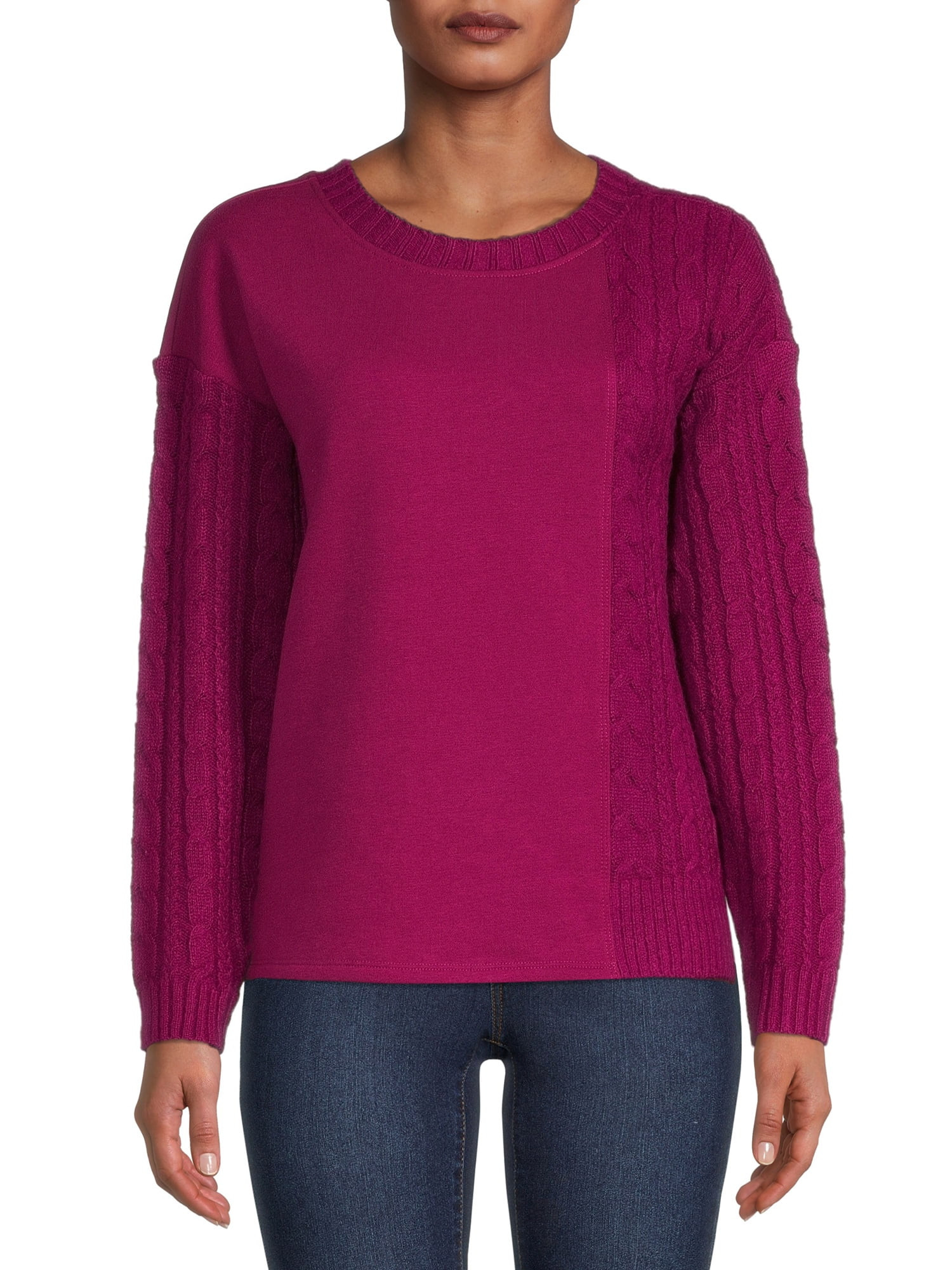 Time and Tru Women's Mixed Media Crewneck Top - Walmart.com | Walmart (US)