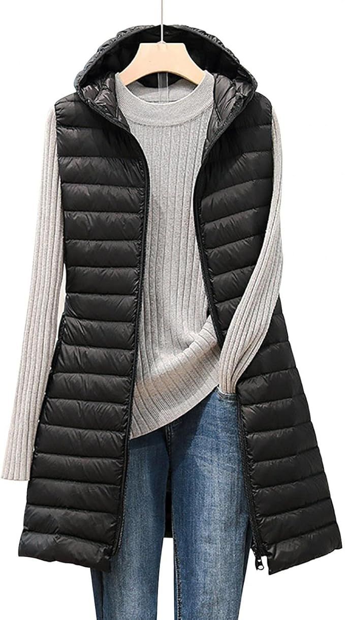 Oversized Long Down Vest for Women Zipper Lightweight Puffer Jackets with Hood Outdoor Coats Recr... | Amazon (US)