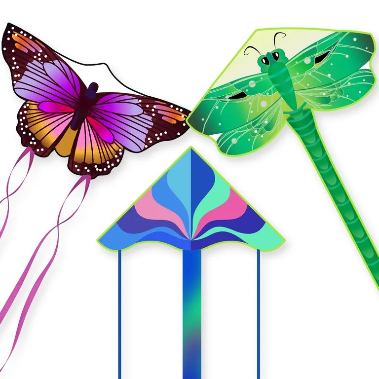 Crogift 3-Pack Large Kite Set Butterfly, Delta, and Dragonfly Easy to Fly Polyester Kites for Kid... | Walmart (US)