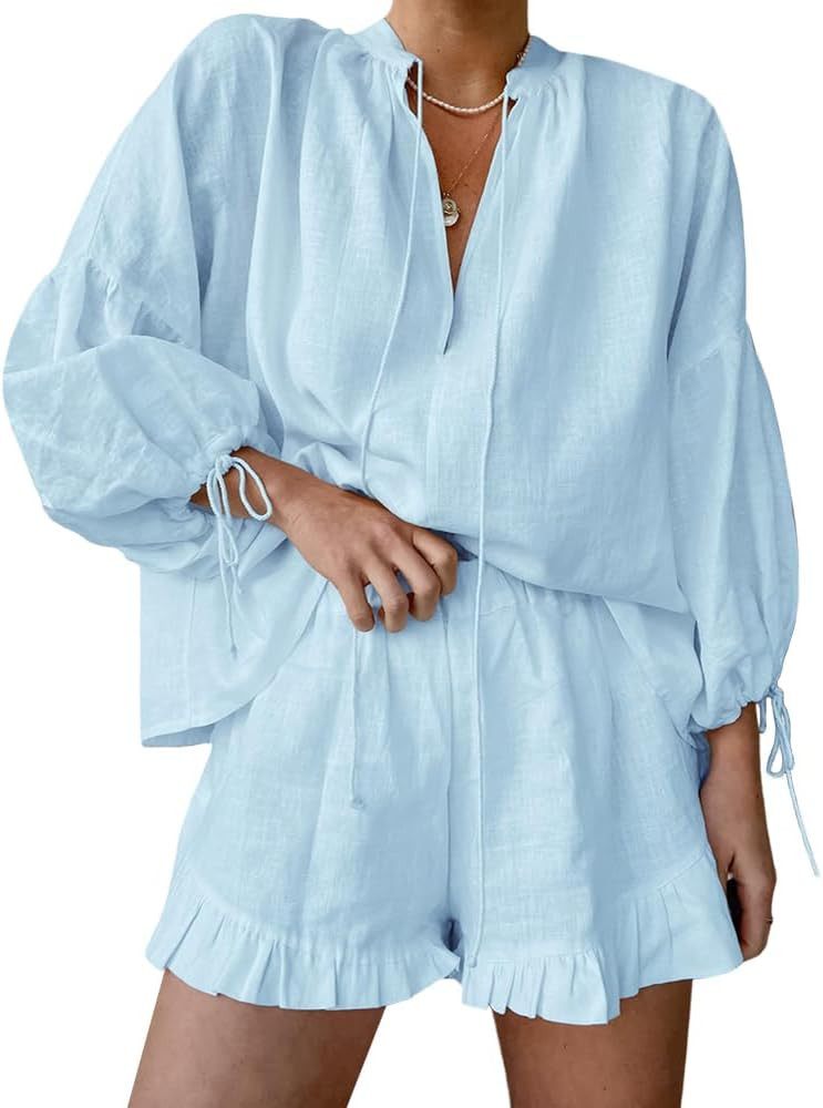 Womens Ruffle Pajama Sets 2 Piece Long Sleeve Button Down Shirt and Shorts Set Cozy Cotton Lounge... | Amazon (US)