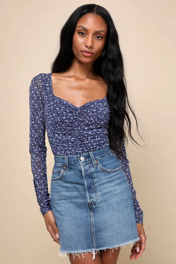Adoring Desire Blue Floral Print Mesh Ruched Bodysuit | Lulus