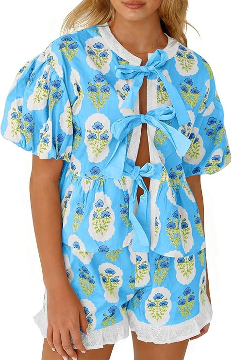 Aoysky Womens Floral 2 Piece Short Sets Summer Vacation Outfits Puff Sleeve Babydoll Blouse Ruffl... | Amazon (US)