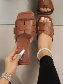 Snakeskin Embossed Cut Out Slide Sandals, Brown Elegant Snake Patterned Sandals | SHEIN