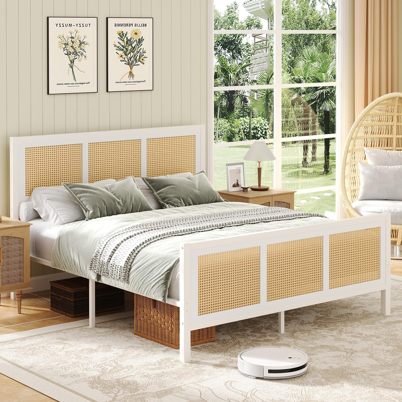 Rattan Bed Frame Queen, Boho Bed Frame with Headboard, Metal Platform Bed Frame Queen Size with S... | Amazon (US)