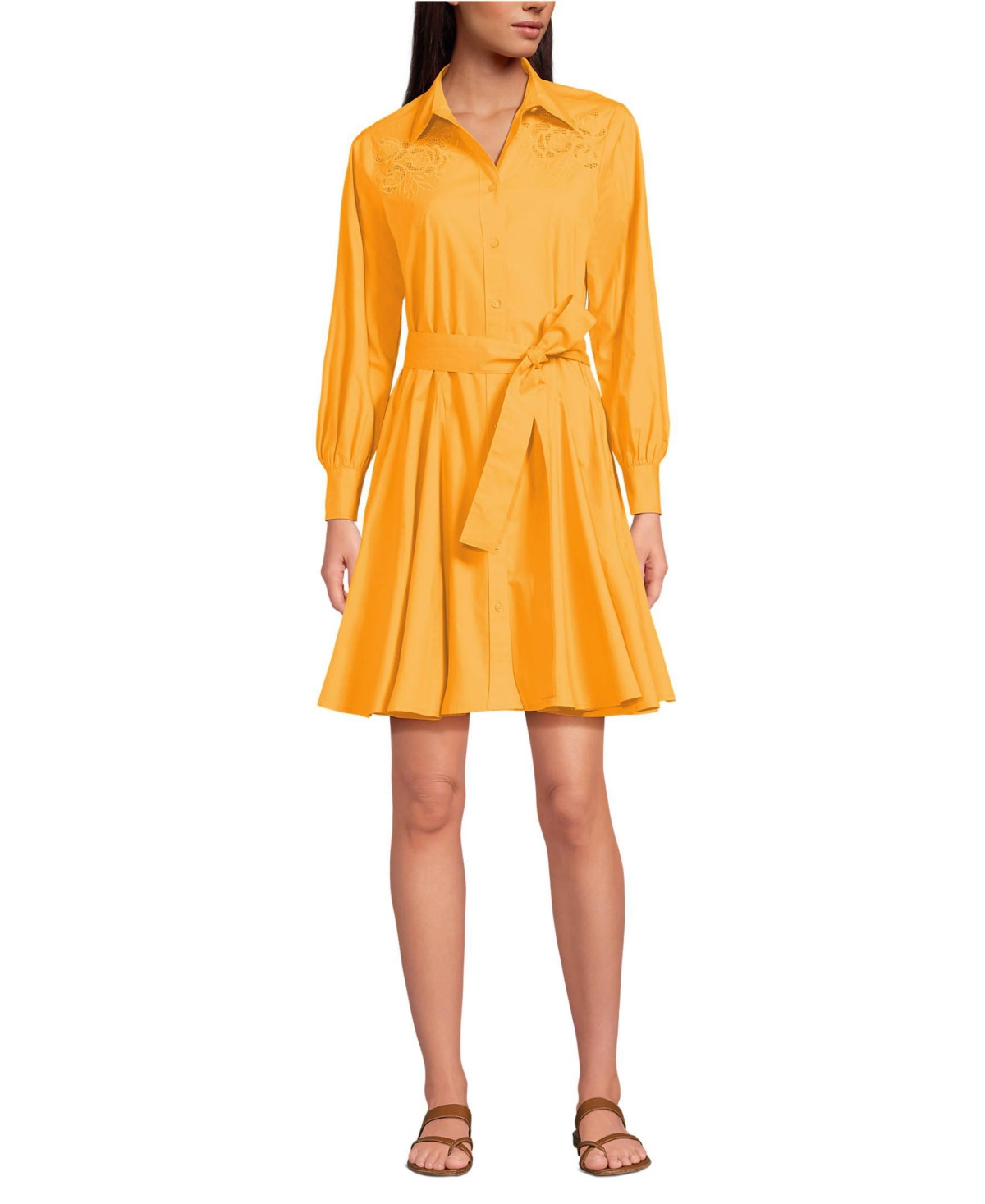 Lands' End Women's Embroidered Poplin Button Front Dress with Godets - Sweet mango | Macy's