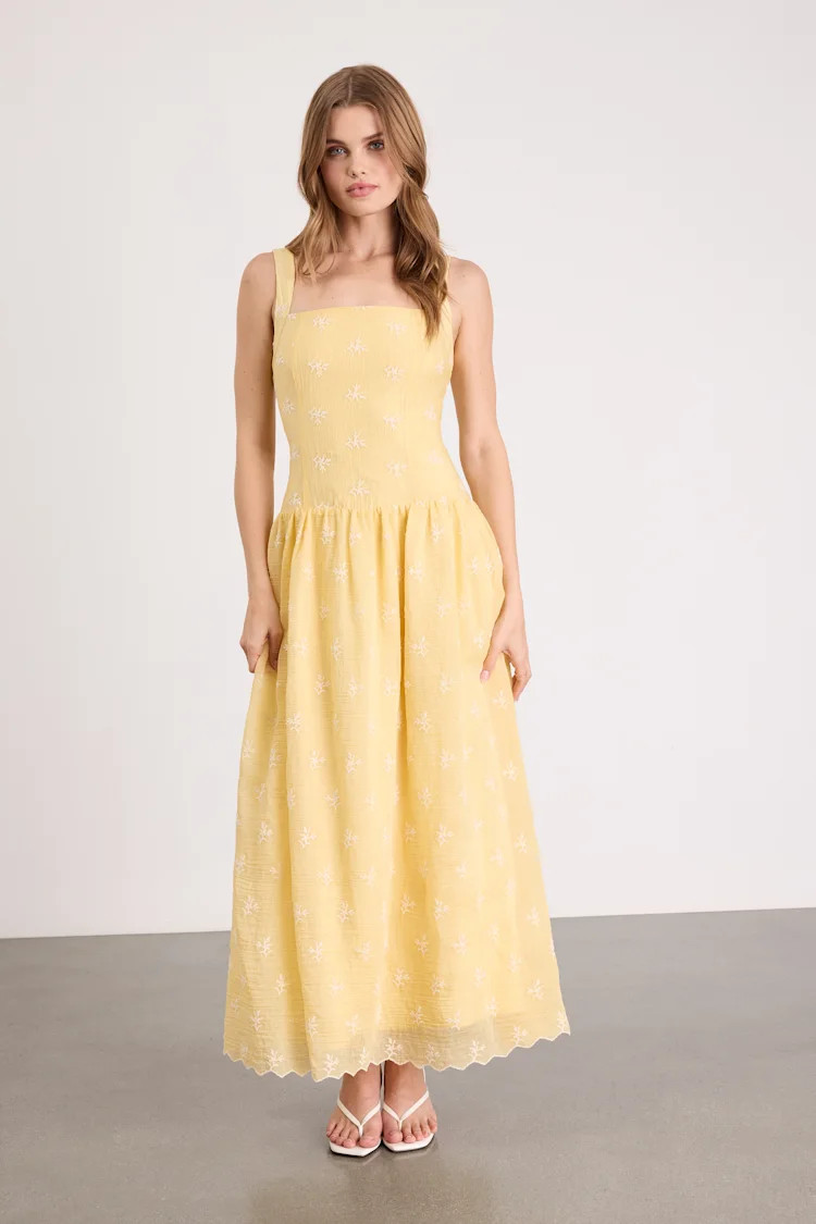 Starletta Yellow Embroidered Drop Waist Maxi Dress | spring dresses 2026 | Lulus