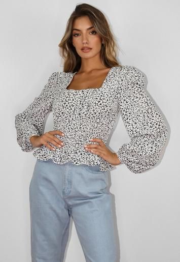 Tall White Printed Gathered Waist Puff Sleeve Blouse | Missguided (US & CA)