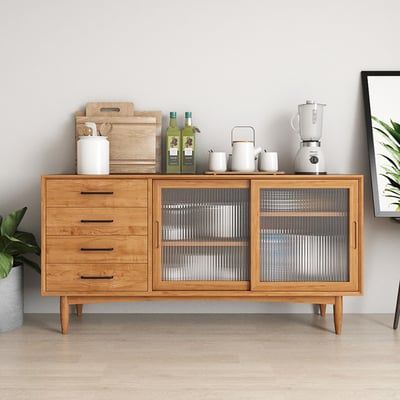 Mid-Century Modern 55" Natural Sideboard Buffet with 2 Glass Doors & 4 Drawers & 1 Shelf | Homary | Homary