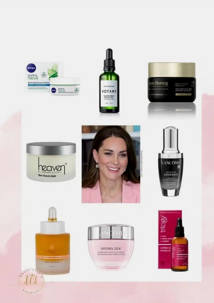 Kate Middleton’s favorite skincare products including Nivea pure and natural day cream, votary super seed oil, Karin Herzog vita-a-kombi 1, Heaven bee venom by Deborah Mitchell, Lancôme Génifique, Beuti elixir, Trilogy rosehip oil