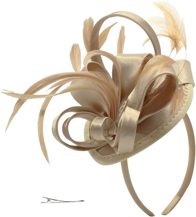 Fascinator Hats Feather Satin Kentucky Derby Tea Party Hat Wedding Church Bridal Headwear for Wom... | Amazon (US)