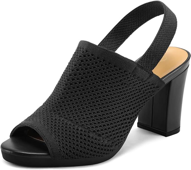 mysoft Women's Knit Chunky Block High Heels Elastic Slingback Open Toe 3 Inch Heeled Sandals (Med... | Amazon (US)
