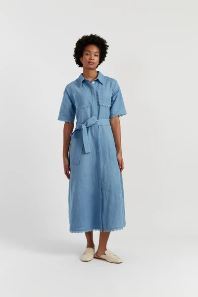 Dusty-Blue Linen-Blend Scallop Shirt Dress | Chinti & Parker