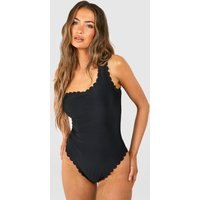 Womens Scalloped One Shoulder Bathing Suit - Black - 12 | boohoo (US & Canada)