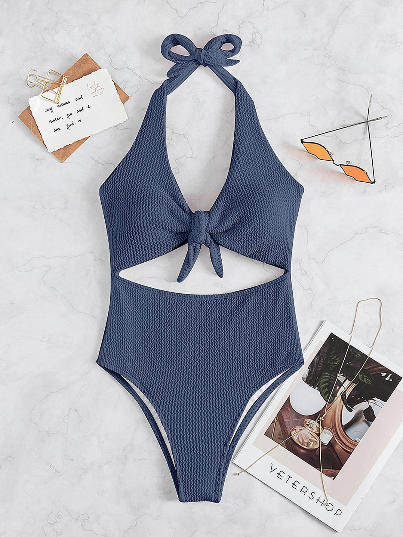 Textured Knot Front One Piece Swimsuit | SHEIN