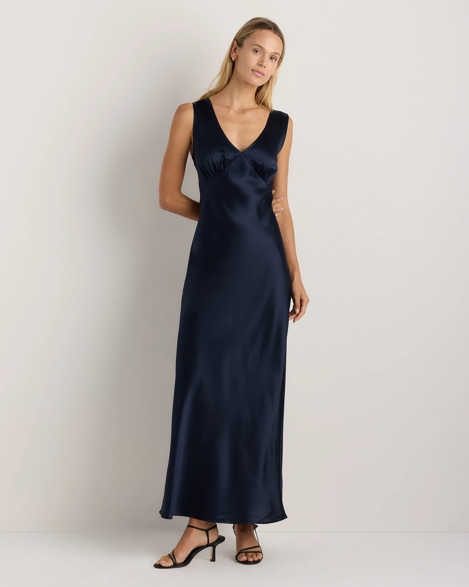 100% Washable Silk Deep V-Neck Maxi Dress in Navy | Quince