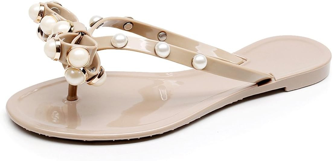 OMGard Flip Flops for Womens, Jelly Sandals with Bow Black Womans Summer Flat Soft Comfortable Th... | Amazon (US)