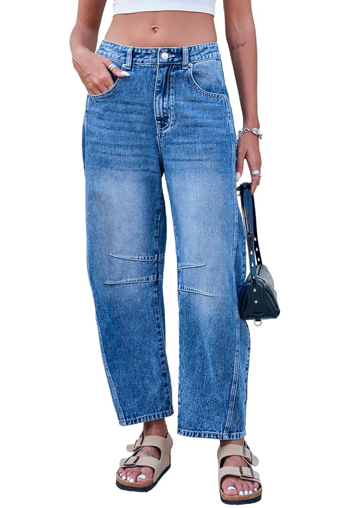 Mid Rise Barrel Jeans for Women Wide Leg Mid Waist Cropped Denim Pants Y2k Baggy Boyfriend Jeans ... | Amazon (US)