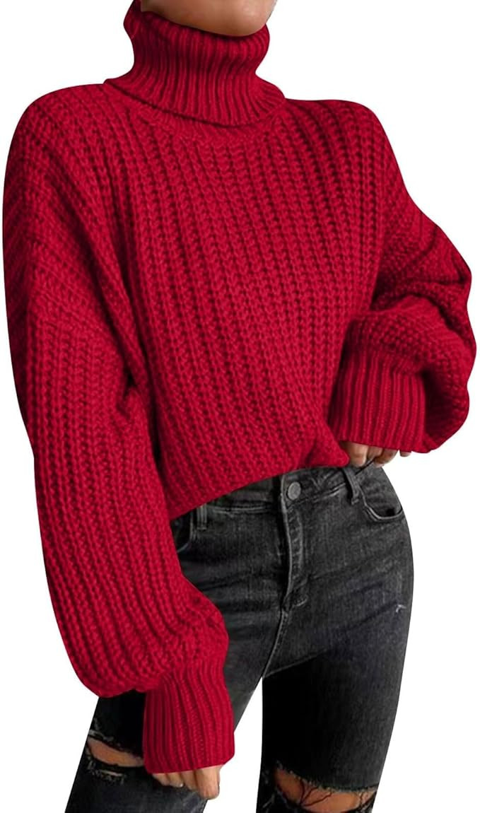 Womens Cropped Turtleneck Sweater Ribbed Knit Lantern Sleeve Fall Pullover Sweaters | Amazon (US)