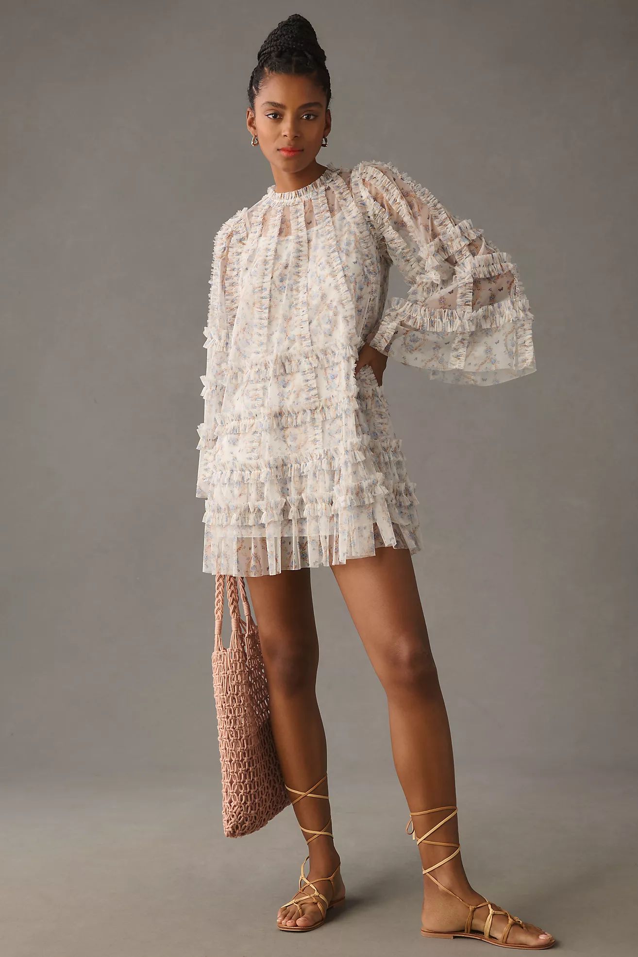 Mac Duggal Long-Sleeve Printed Mesh A-Line Mini Dress | Anthropologie (US)
