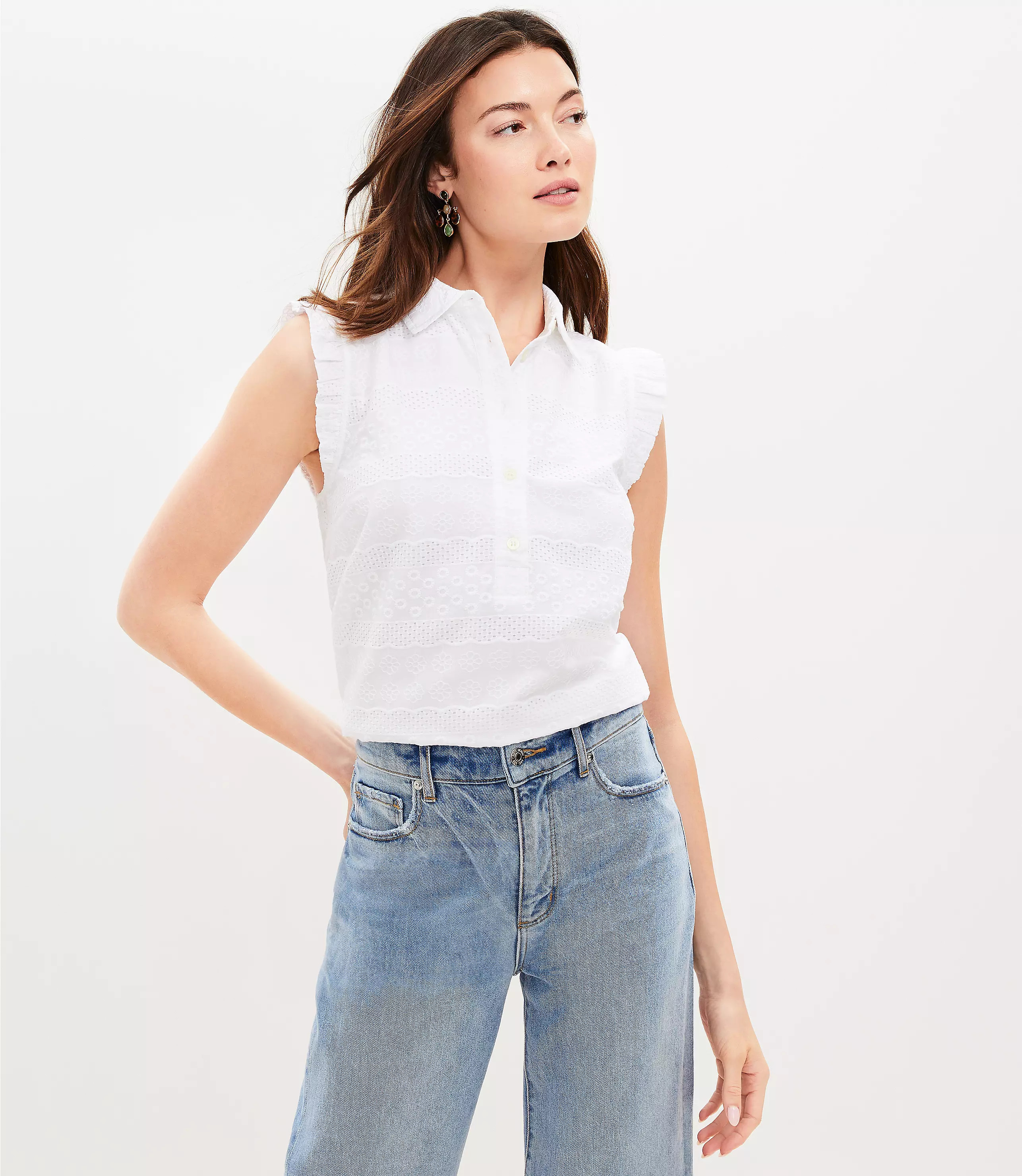 Embroidered Collared Ruffle Henley Top | LOFT