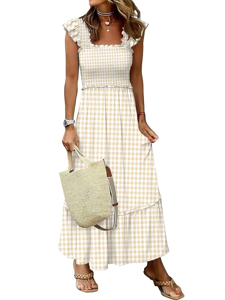 ANRABESS Womens Summer Sleeveless Maxi Dress Square Neck Smocked Boho Casual Ruffle Strap Flowy A... | Amazon (US)