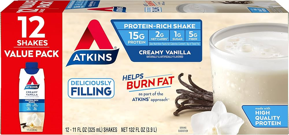 Atkins Creamy Protein-Rich Shake With High Protein, Vanilla, 11 Fl Oz (Pack of 12) | Amazon (US)
