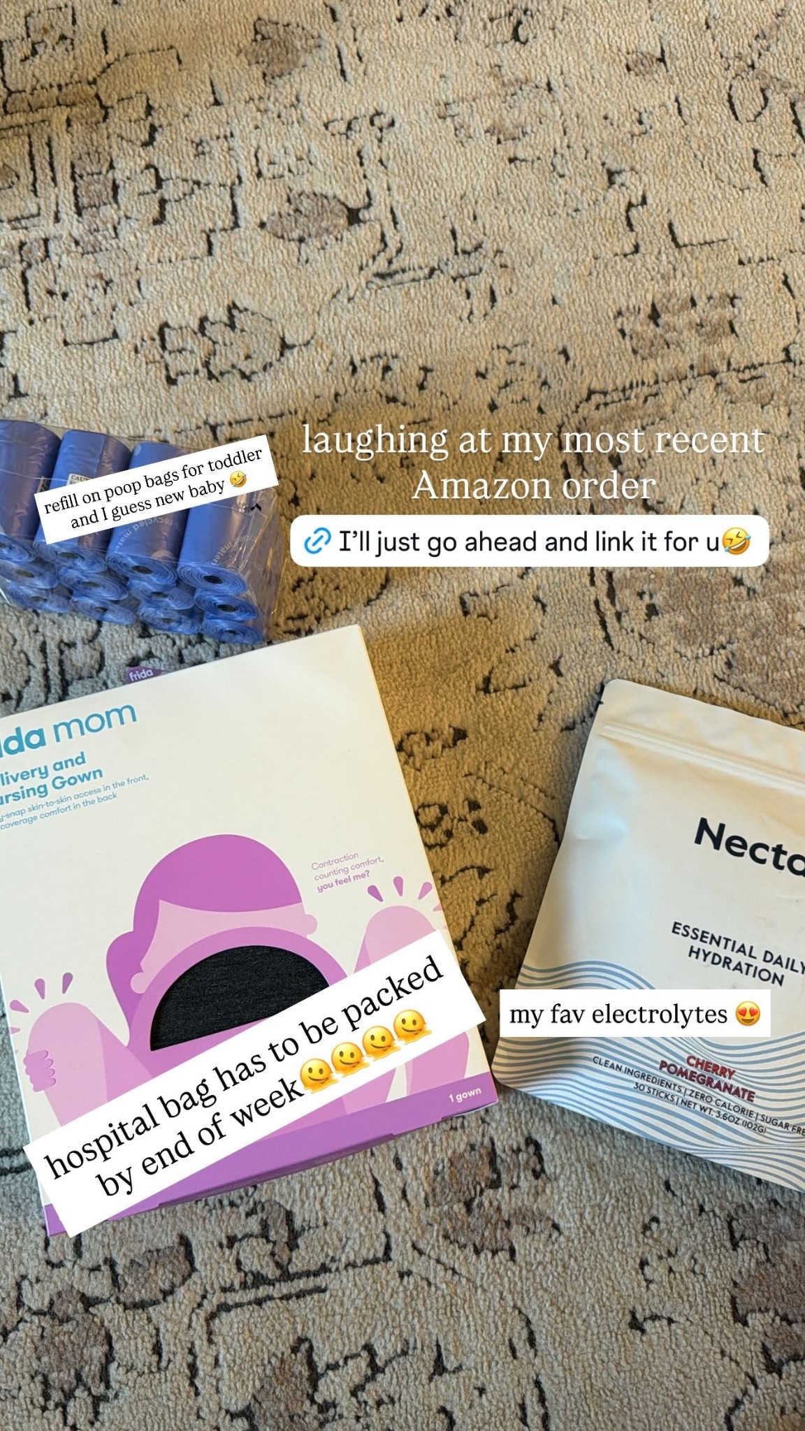 laughing at my most recent Amazon order  hospital bag has to be packed by end of week🫠🫠🫠🫠 my fav electrolytes 😍 refill on poop bags for toddler and I guess new baby 🤣