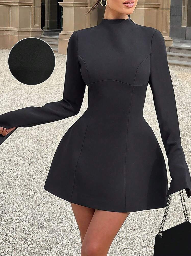 SHEIN Clasi Women's Elegant Solid Color Stand Collar Long Sleeve Minimalist Short Black Dress, Su... | SHEIN