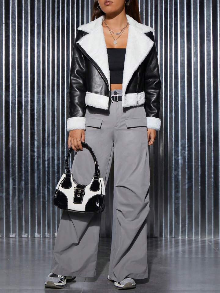 SHEIN PETITE Colorblock Zip Up PU Leather Moto Jacket | SHEIN