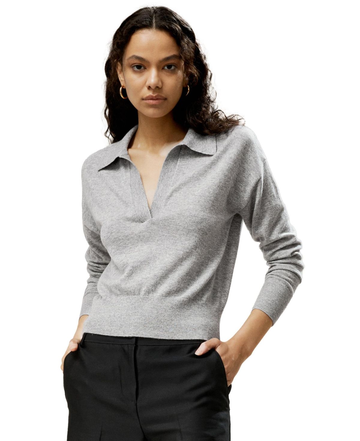 Lilysilk Women's V Neck Cashmere Polo Sweater - Light gray | Macy's