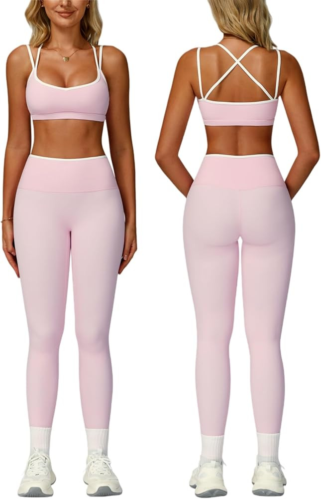 ABOCIW Two Piece Workout Sets for Women Color Block Strappy Sports Bra High Waist Leggings Yoga P... | Amazon (US)