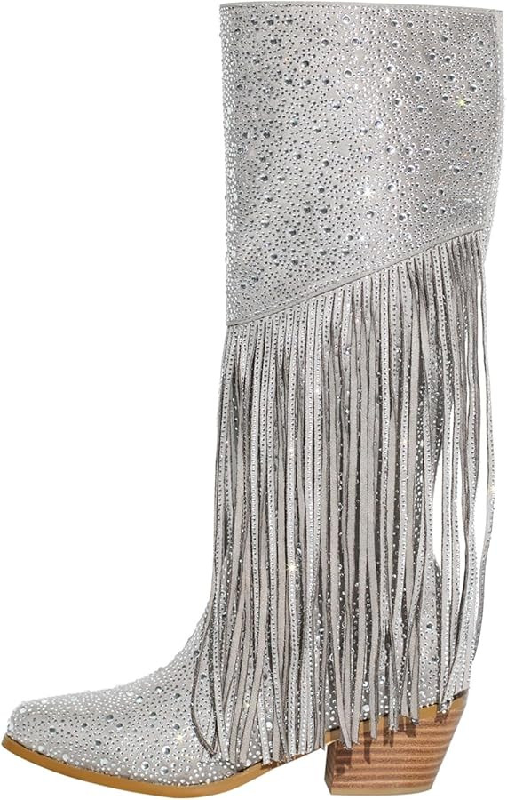 Richealnana Calf High Knee High Boots for Women Sparkle Rhinestones Clear Gems Shining Comfortabl... | Amazon (US)