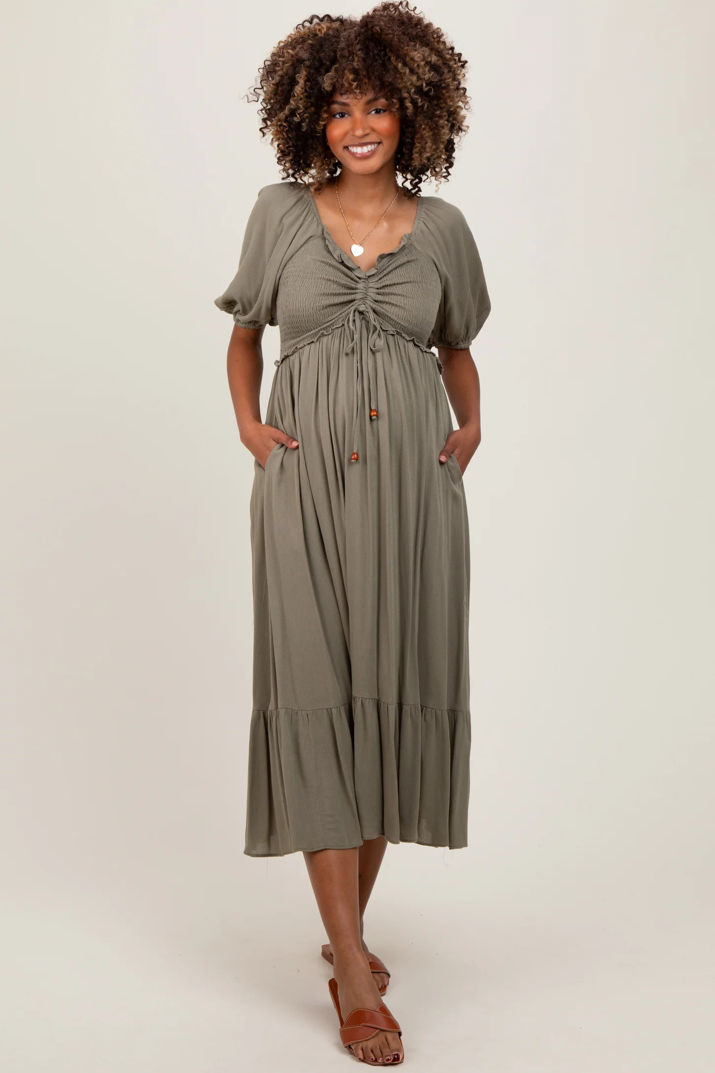 Olive Smocked Cinched Front Maternity Maxi Dress | PinkBlush Maternity