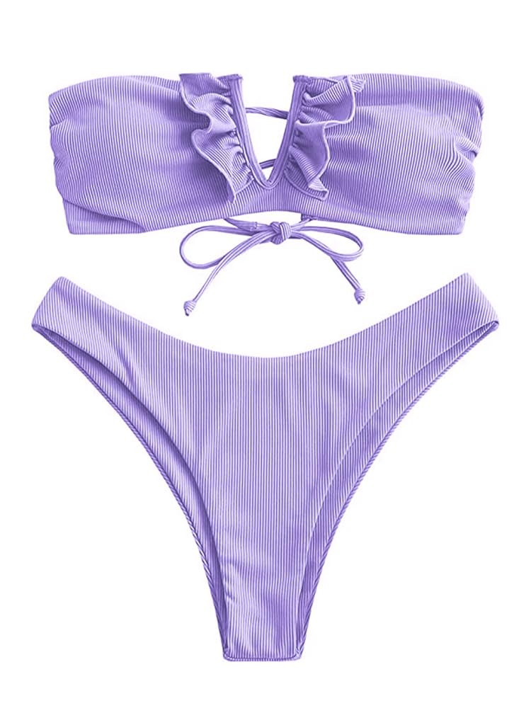 ZAFUL Women's Strapless Ribbed V Wired Lace Up Ruffle Tie High Cut Bandeau Swimsuits Bikini Set | Amazon (US)
