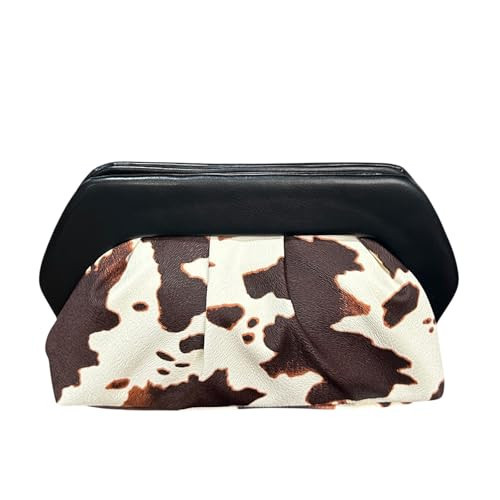 ENBEI Cow Print Clutch Purse for Women Black Frame Ruched Evening Purse, Clutch Purse with Single Closure, Trendy Cow Pattern Handbag Purse for Wedding, Party, Date Night & Casual Outings | Amazon (US)