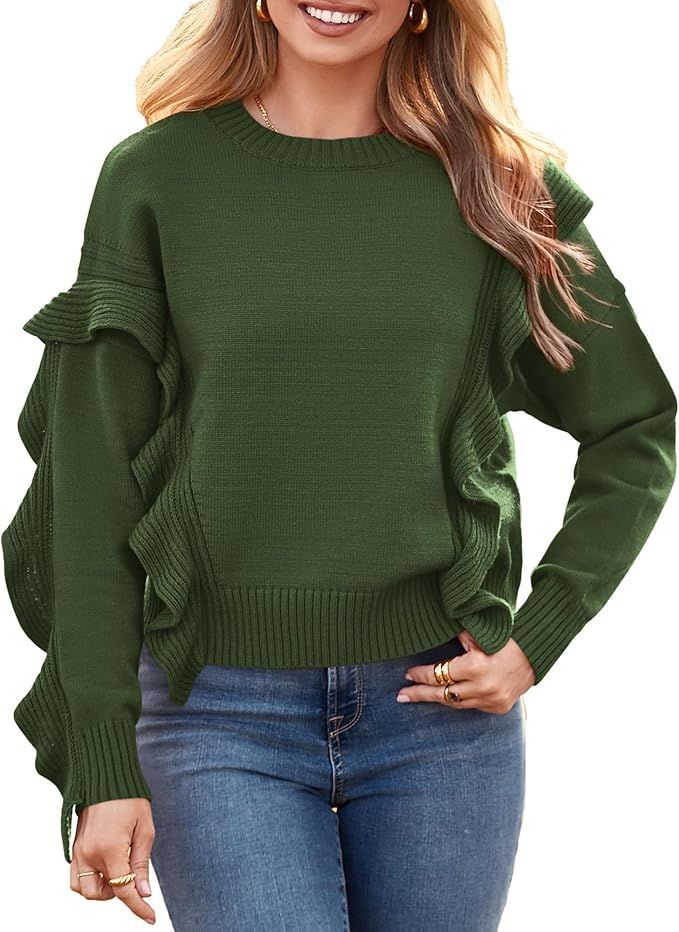 PRETTYGARDEN Women's 2023 Knit Pullover Sweaters Long Sleeve Crewneck Ruffle Loose Jumper Tops Bl... | Amazon (US)