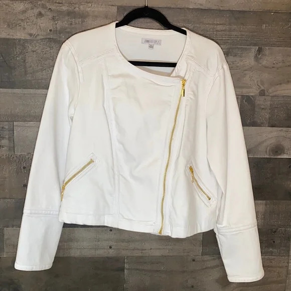 Stylish Jennifer Lopez White Jean Jacket with Gold Zippers | Poshmark