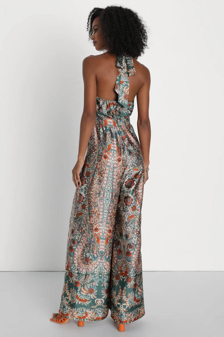 Divine Wanderings Teal Green Scarf Print Satin Wide-Leg Jumpsuit | Lulus (US)