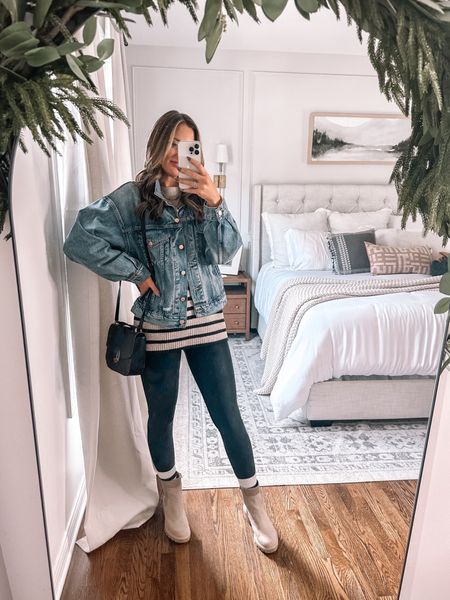 Casual faux leather leggings and boots outfit idea. I LOVE the spanx leggings and think they are worth every penny. They are currently 20% off — size up one. My sweater is back in stock and on sale! And my denim jacket is finally on sale! 

Leggings size up one
Sweater sized up one
Jacket true to size 



#LTKCyberWeek #LTKSeasonal #LTKHoliday