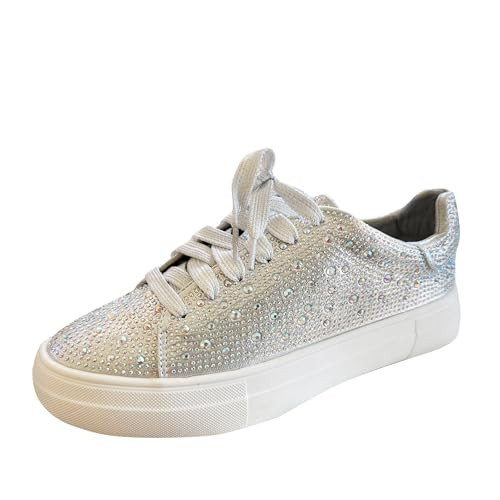Forever Link Women Round Toe Rhinestone Crystal Embellished Lace Up Sneakers, Silver, Size 8.5 | Amazon (US)