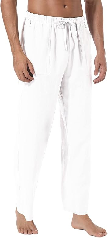 AITFINEISM Mens Cotton Linen Pants Elastic Drawstring Waist Lightweight Summer Beach Pants | Amazon (US)