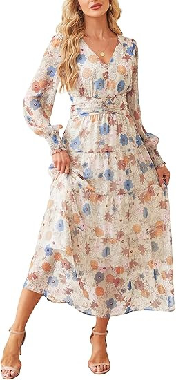 ANRABESS Womens Floral Long Sleeve Maxi Dress V Neck Chiffon Flowy Boho A-Line 2026 Spring Weddin... | Amazon (US)