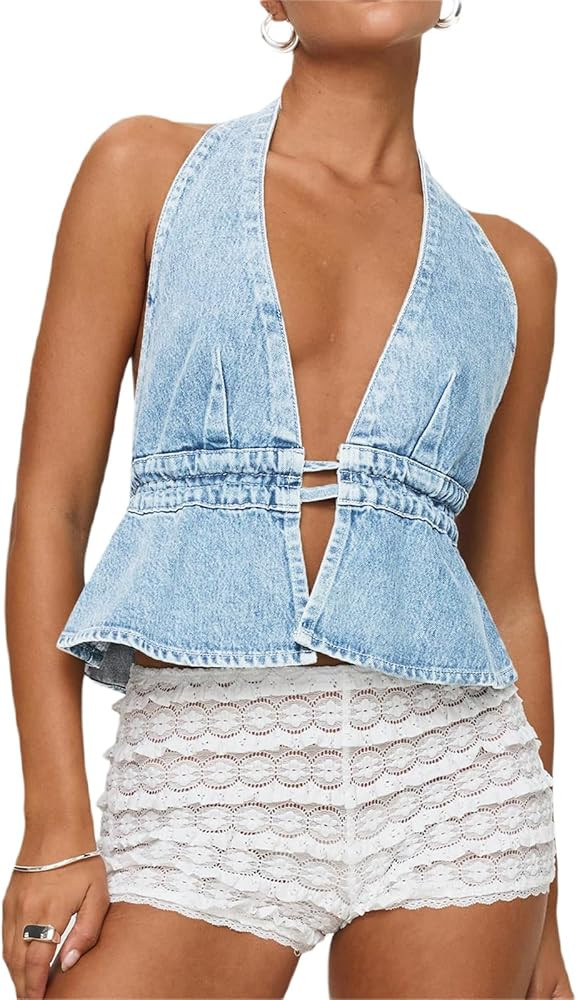 Women'S Y2K Denim Tank Tops Tie-Up Sleeveless Backless Halter Tops Sexy V Neck Jean Vest Going Ou... | Amazon (US)