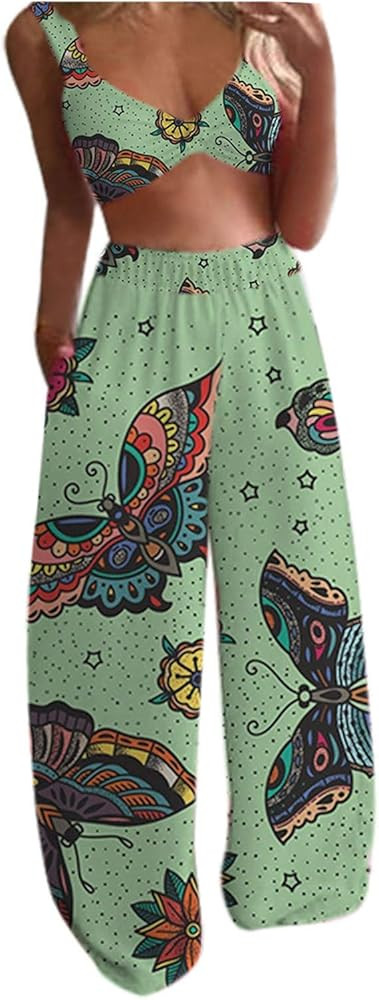 Women Two Piece Lounge Outfits Boho Floral Butterfly Print Crop Tops Elastic Waist Pant Sets Loose P | Amazon (US)