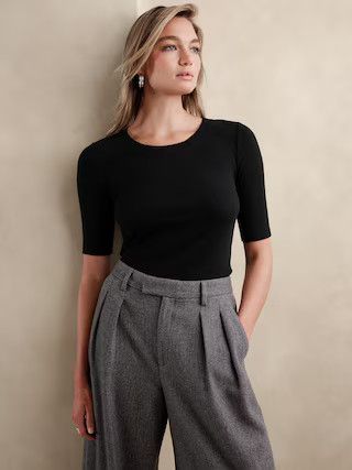 Ribbed Elbow-Sleeve T-Shirt | Banana Republic Factory