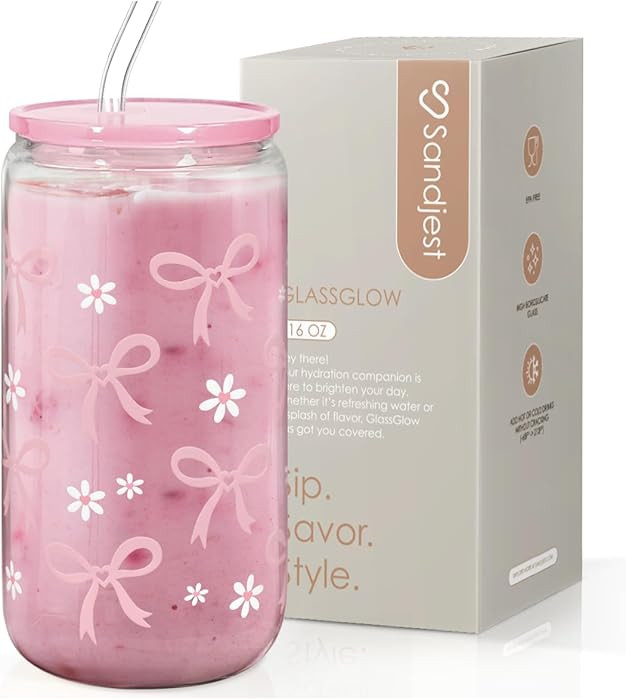 SANDJEST Bow Glass Can, Bows Cup with Lid & Straw, Iced Coffee Aesthetic Cups, Idea Gift for Chri... | Amazon (US)