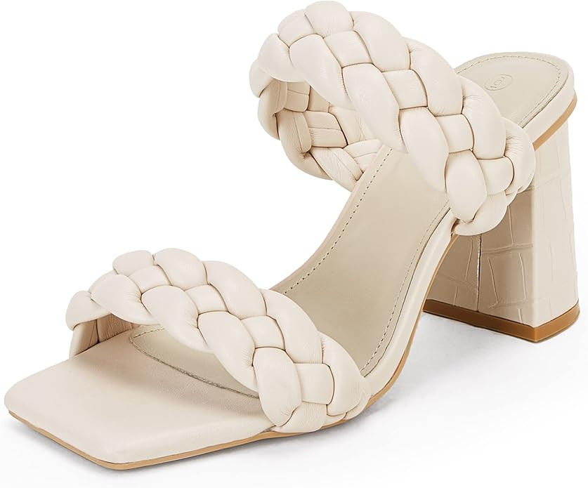 Syktkmx Women's Braided Heeled Sandals Backless Square Open Toe Block Slide Sandals | Amazon (US)