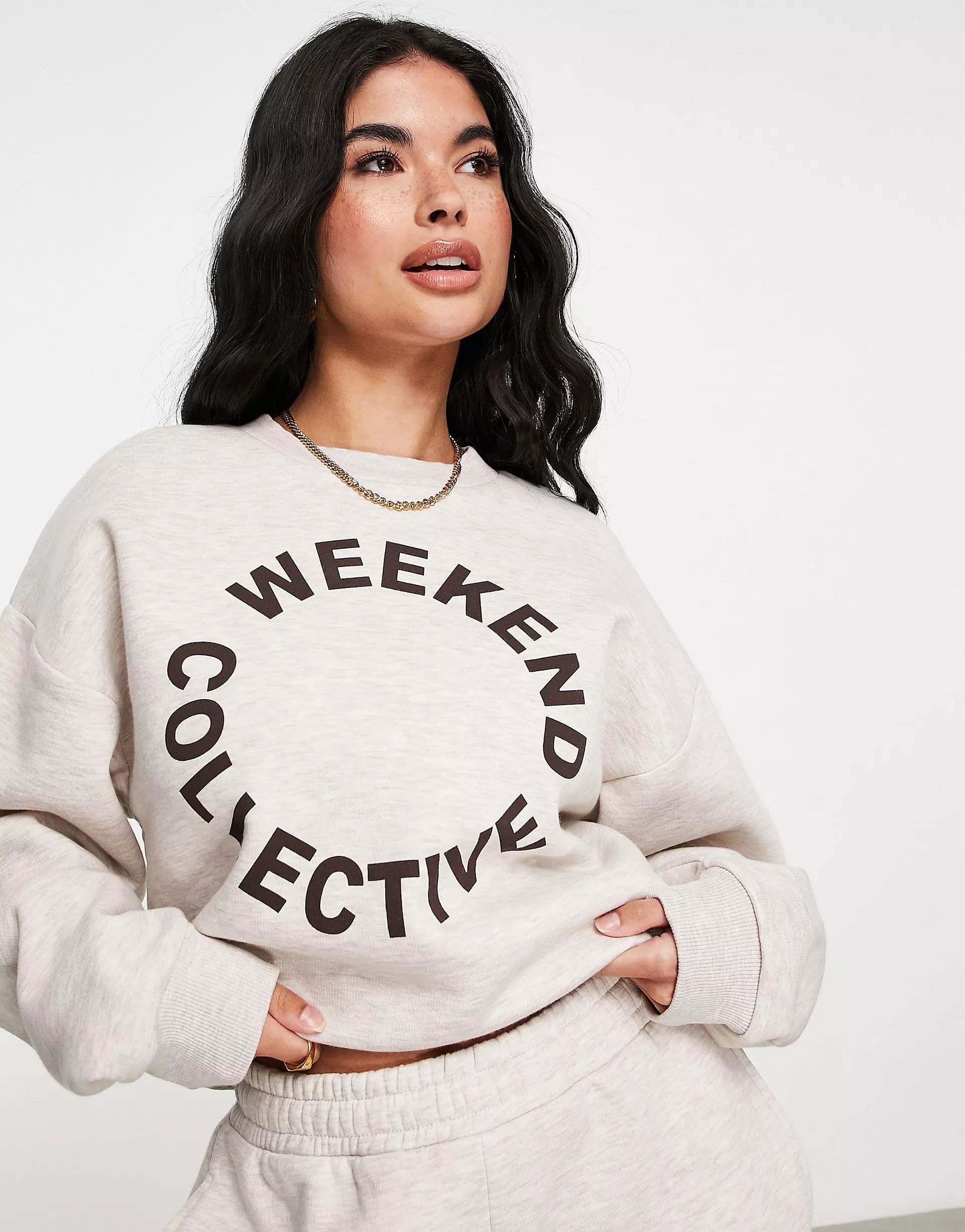 ASOS Weekend Collective oversized tracksuit with logo in oatmeal marl | ASOS (Global)