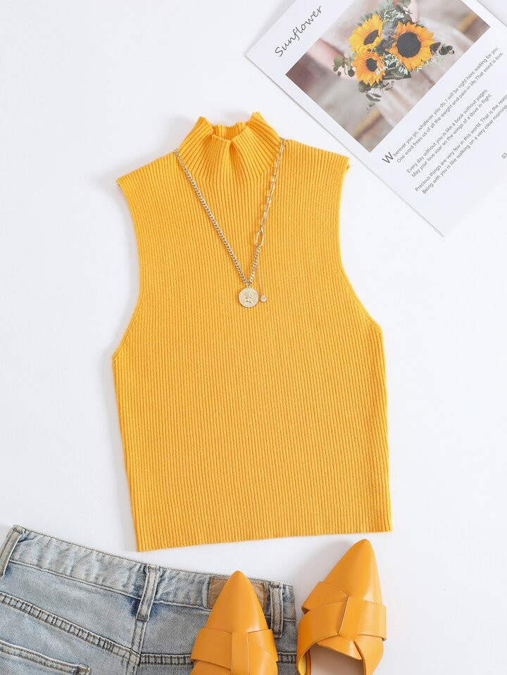 SHEIN Essnce Solid Mock Neck Ribbed Knit Top Without Necklace | SHEIN