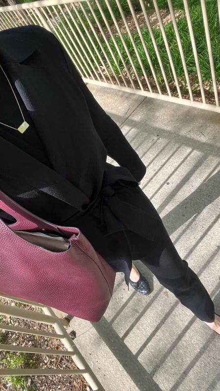 Todays work outfit of the day
Spanx black straight leg ponte pant 
MMLAfleur black tie cardigan
Black commando mockneck bodysuit
Black woven leather ballet flat
Burgundy tote bag

#LTKstyletip #LTKworkwear